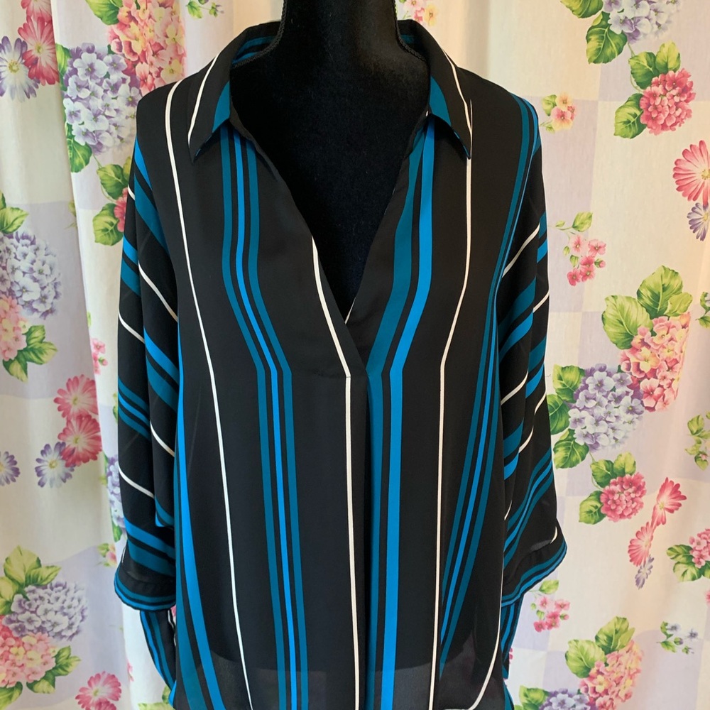 Worthington Black Blouse with Blue & White Stripes